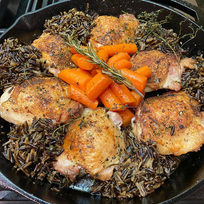 CRISPY CHICKEN THIGHS WITH GRAND MARNIER CARROTS AND WILD RICE