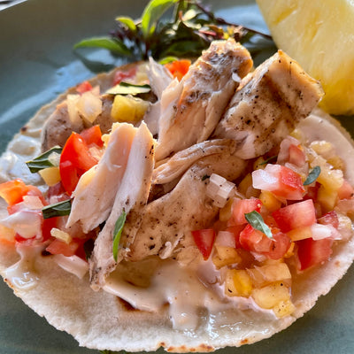 BBQ FISH TACOS WITH PINEAPPLE SALSA AND TANGY AIOLI