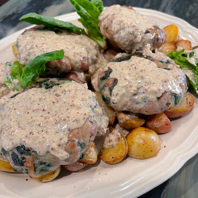 FRENCH PORK CREPINETTES WITH SPINACH, SAGE, AND MUSTARD SAUCE