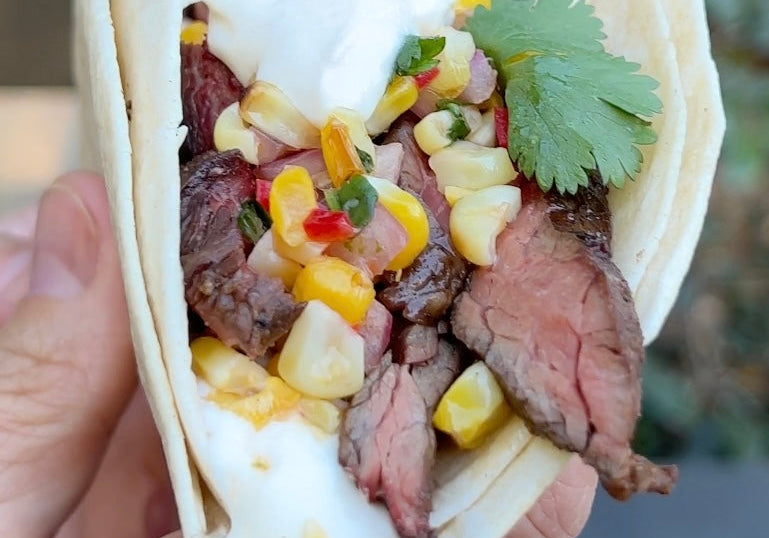 SPICY CARNE ASADA TACOS WITH GRILLED CORN SALSA