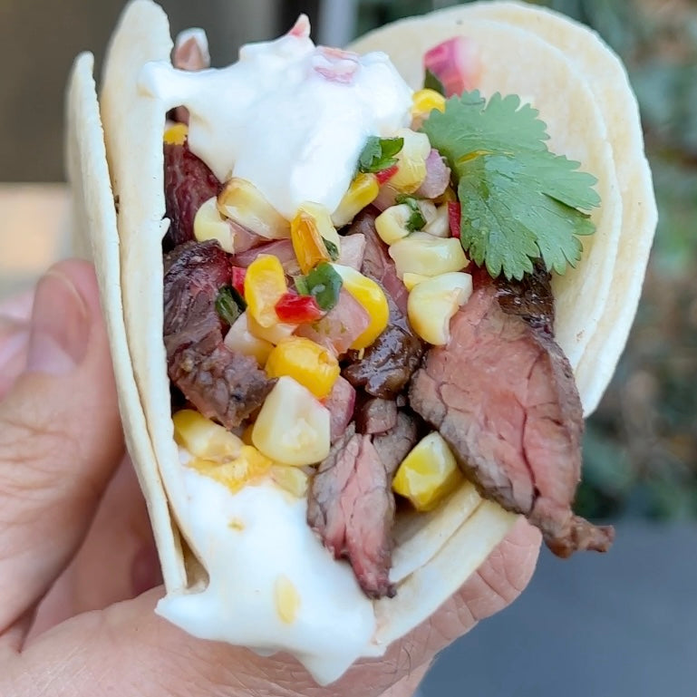 SPICY CARNE ASADA TACOS WITH GRILLED CORN SALSA