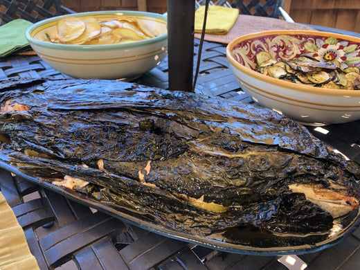 BBQ KALE WRAPPED FISH (ARCTIC CHAR) WITH ROASTED VEGGIES