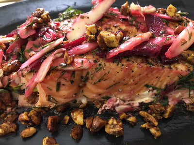 SPICED SALMON WITH BEET, FENNEL, LEMON, AND HERBS