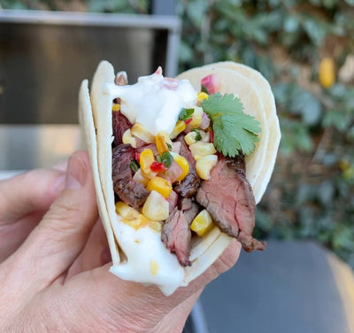 SPICY CARNE ASADA TACOS WITH GRILLED CORN SALSA