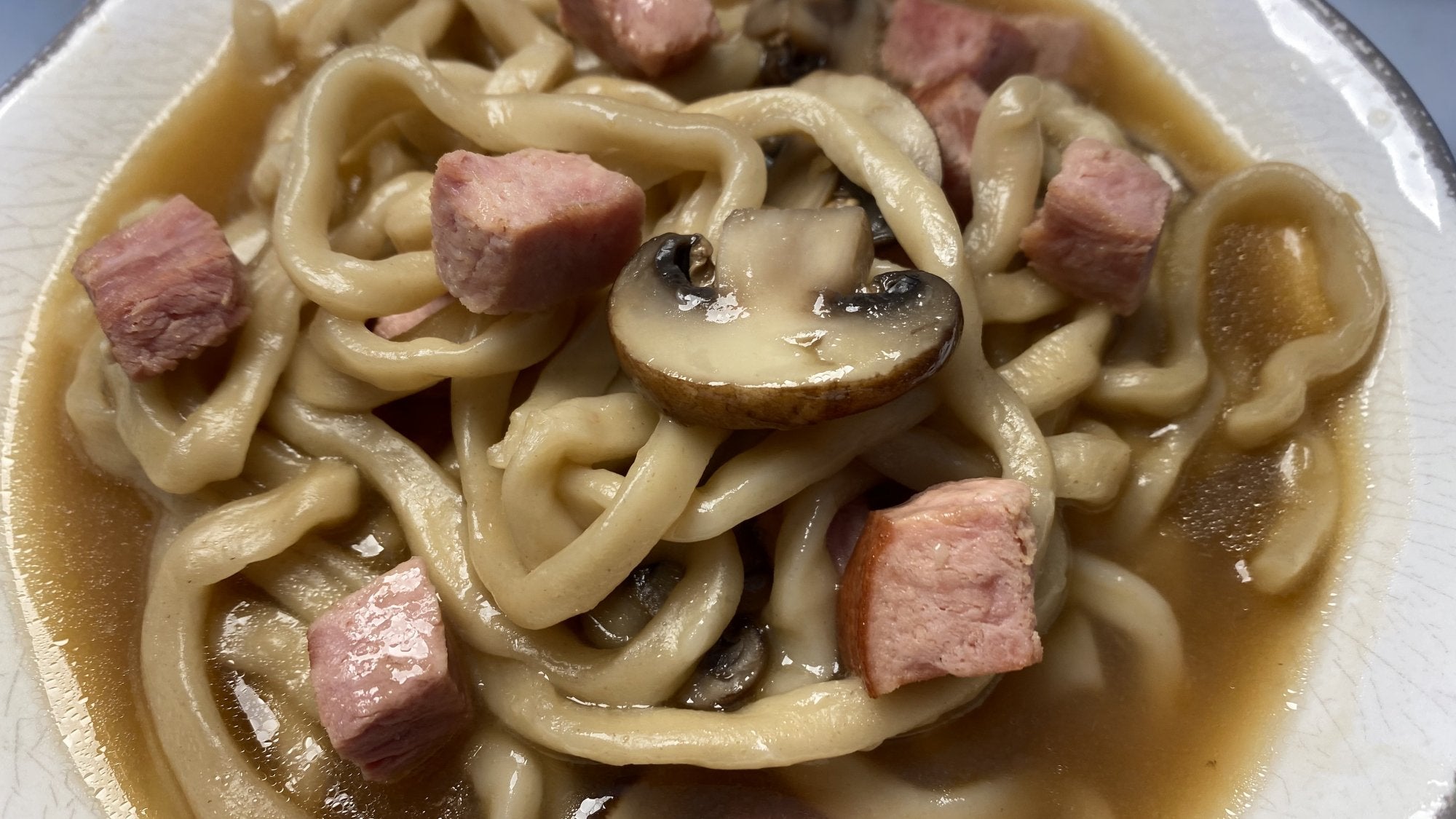 UDON NOODLE SOUP WITH HAM AND MUSHROOMS