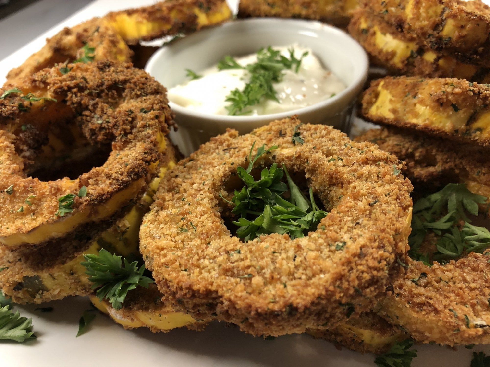 BAKED SQUASH RINGS WITH GARLIC-LEMON AIOLI