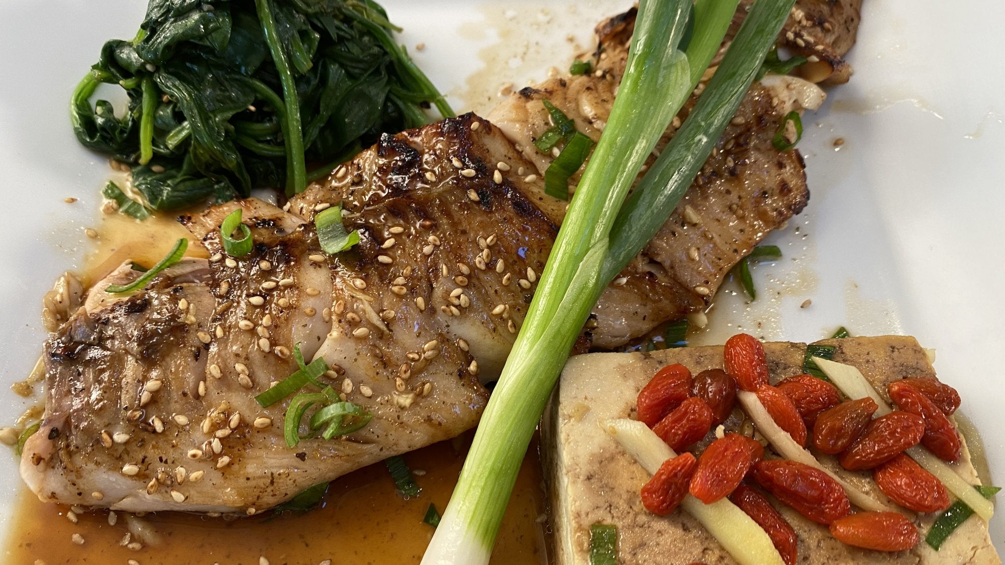 BLACK COD WITH SAKE SOY & GINGER GOGI BERRY TOFU