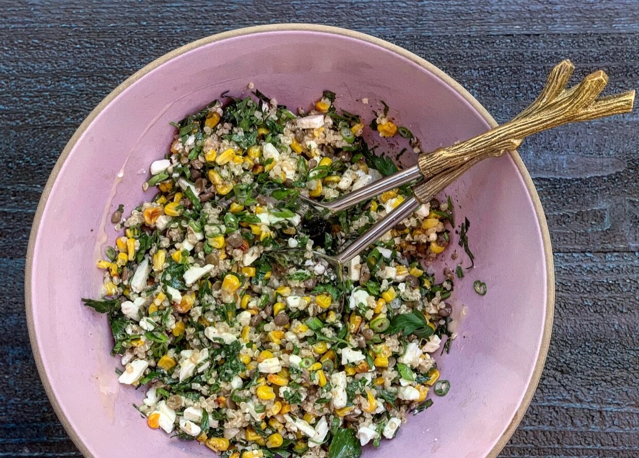CORN, QUINOA, ALMOND SALAD WITH RED WINE VINAIGRETTE