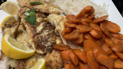 FISH FRY WITH CITRUS BUTTER SAUCE AND GLAZED CARROTS