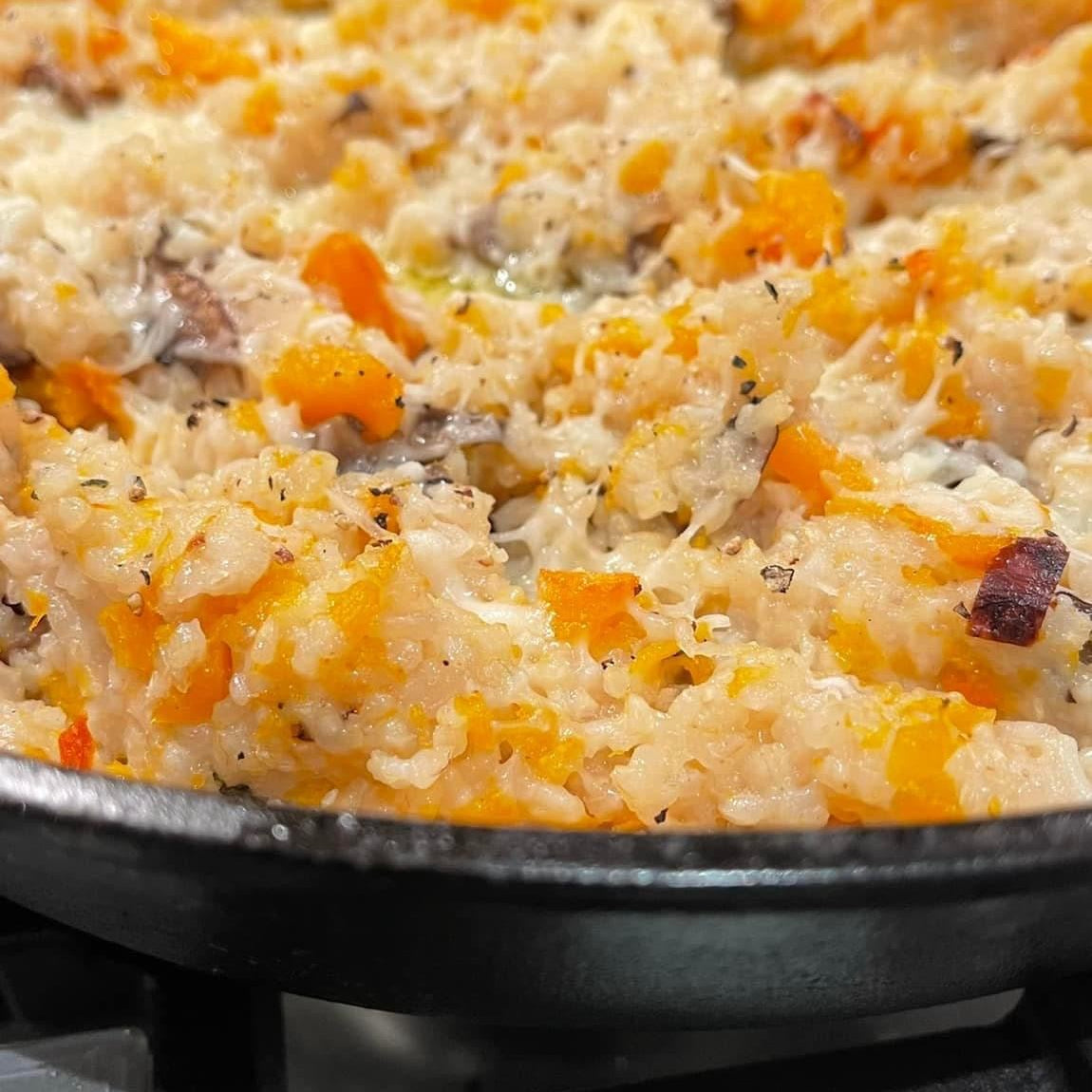 GRITS WITH BUTTERNUT SQUASH, MUSHROOMS, AND PARMESAN