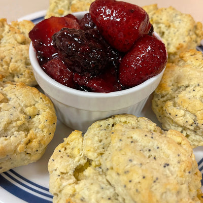 LEMON POPPYSEED SCONES WITH TEQUILA-FRUIT COMPOTE