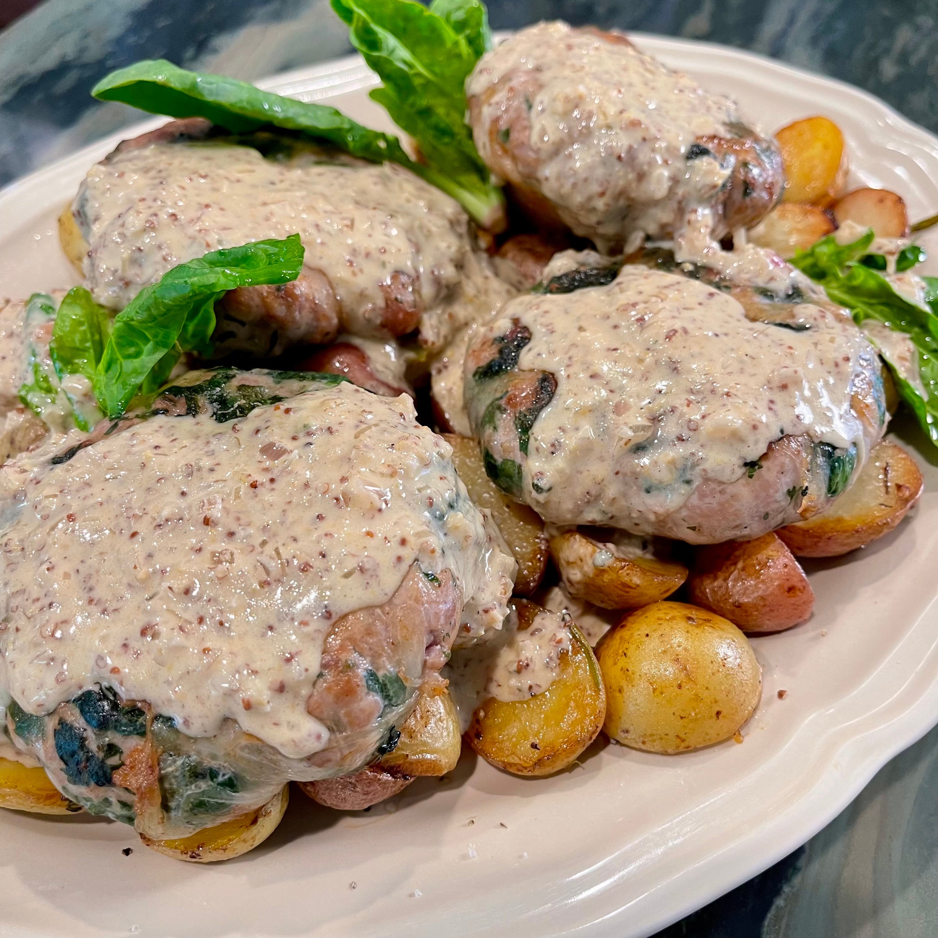 FRENCH PORK CREPINETTES WITH SPINACH, SAGE, AND MUSTARD SAUCE