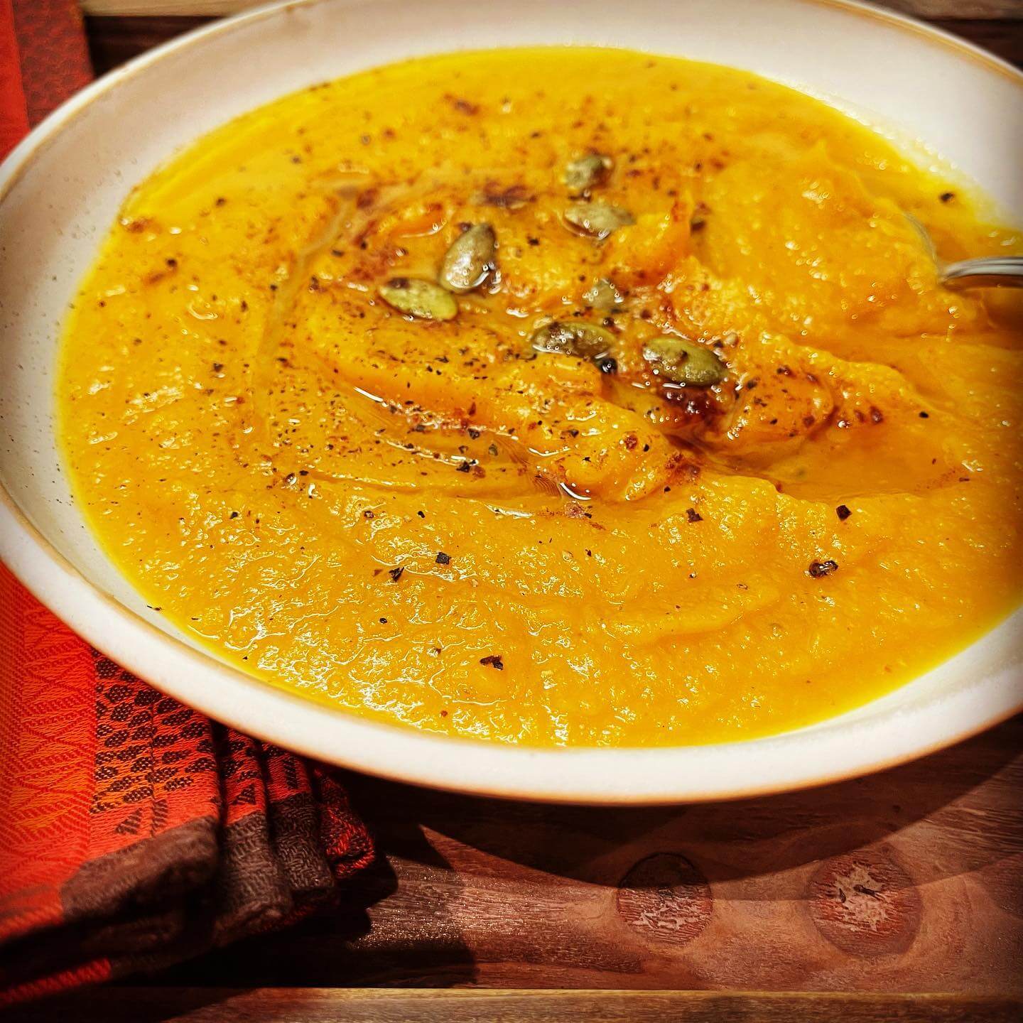 SMOKED PUMPKIN-BUTTERNUT SQUASH SOUP