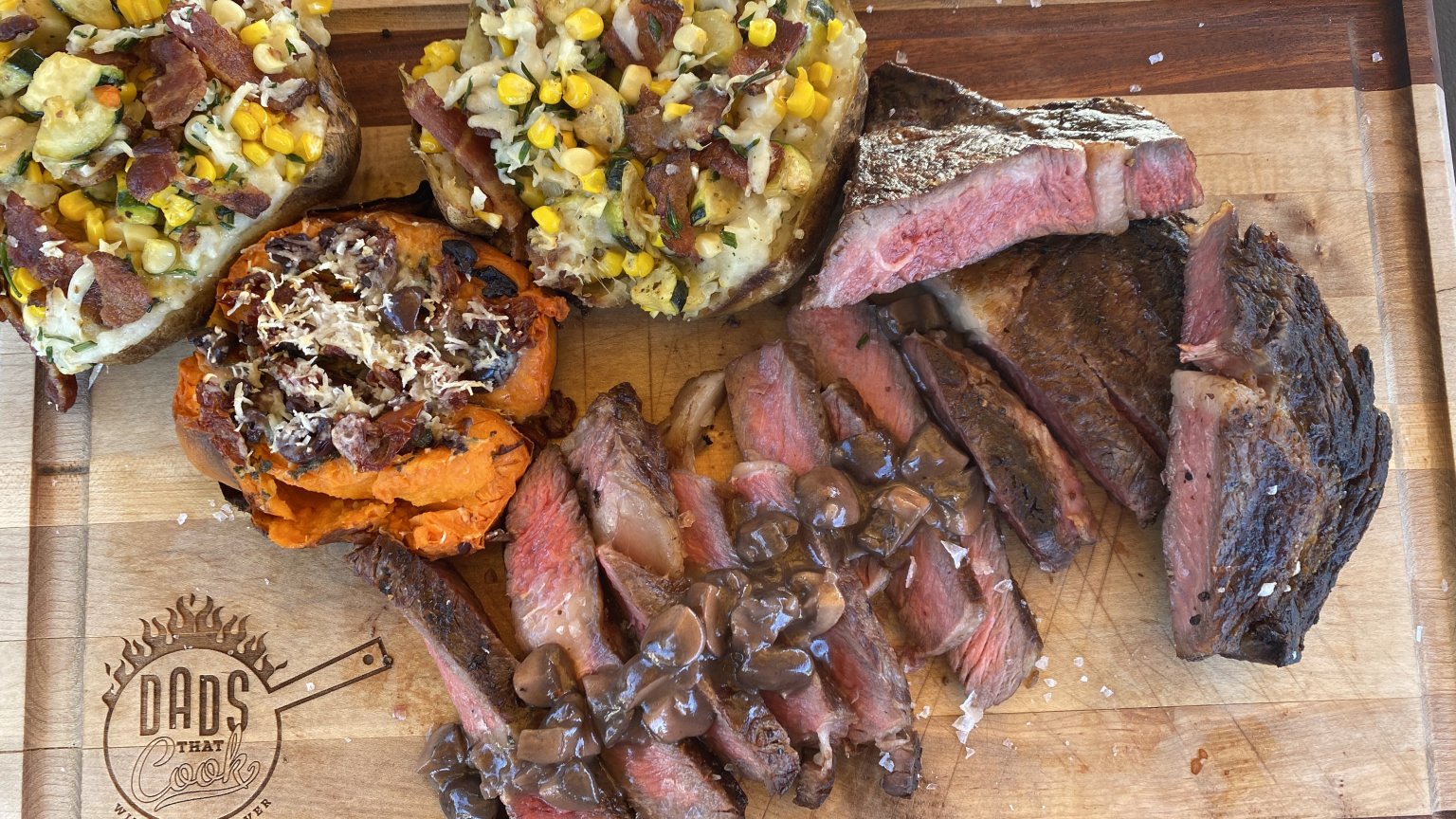 RIBEYE WITH RED WINE MUSHROOM SAUCE AND STUFFED STUDLY SPUDS