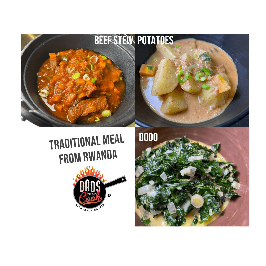 AFRICAN BEEF STEW, DODO (CREAMED VEGETABLES), AND POTATOES IN PEANUT SAUCE