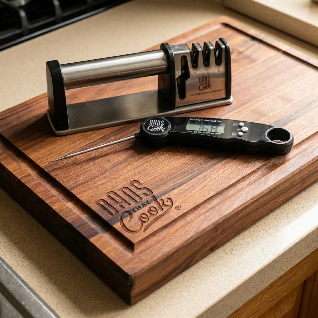 Dads That Cook Ultimate Sharpener and Instant Temperature Thermometer on top of the Dads That Cook Wooden Cutting Board