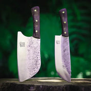Dads That Cook chef knife and cleaver displayed outdoors