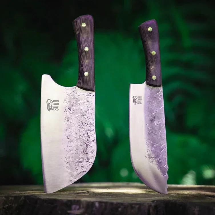 Dads That Cook chef knife and cleaver displayed outdoors