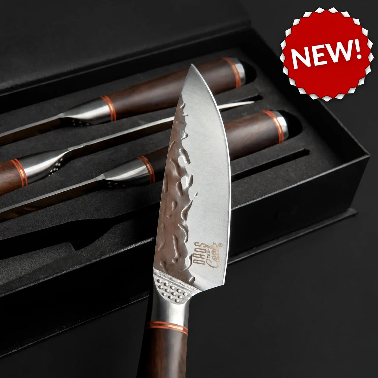 Ultimate Steak Knives in presentation box with NEW badge at top right
