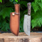 image of Dad's That Cook Chef knife outside in front of a fern and stabbed into a wooden stump